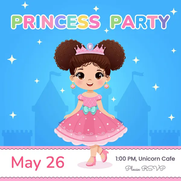 Doğum günü partisi için davetiye şablonu. Pembe elbiseli ve tacı olan güzel gözlü şirin prenses. Poster, Banner, Flyer, tebrik kartı. Çizgi film tarzında vektör illüstrasyonu.