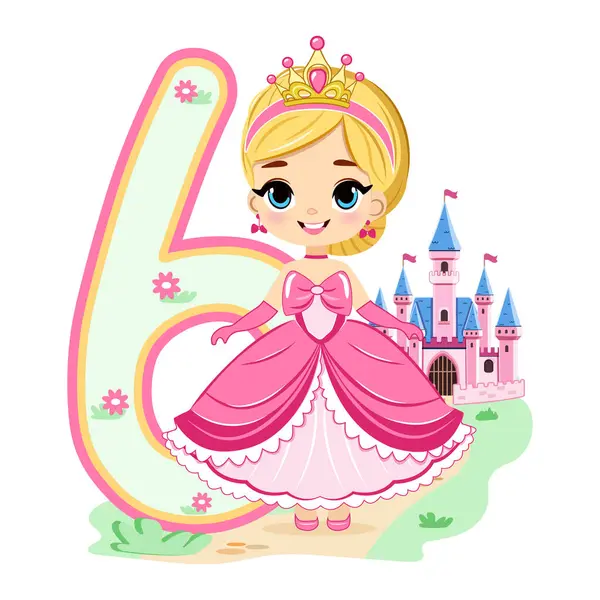 Pembe elbiseli, güzel gözlü ve beyaz arka planda 6 numaralı sevimli prenses. Mutlu yıllar konsepti. Tebrik kartı ya da davetiye için. Çizgi film tarzında vektör illüstrasyonu