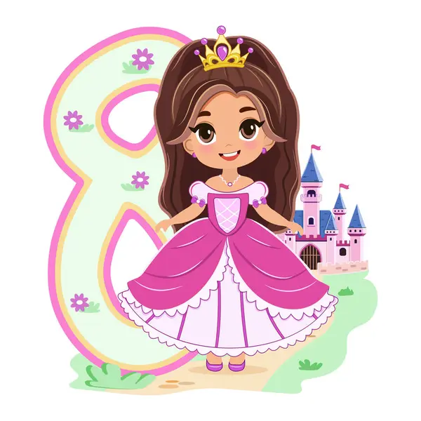 Pembe elbiseli, güzel gözlü şirin prenses ve beyaz arka planda 8 numara. Mutlu yıllar konsepti. Tebrik kartı ya da davetiye için. Çizgi film tarzında vektör illüstrasyonu