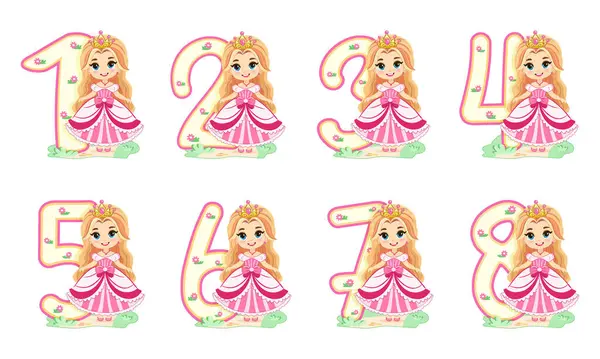 Beyaz arka planda pembe elbiseli güzel prenses kız figürleri. Mutlu yıllar konsepti. Çizgi film tarzında vektör illüstrasyonu