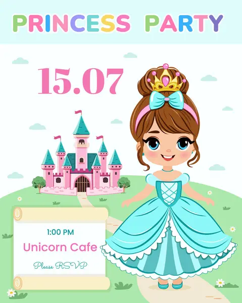 Doğum günü partisi için davetiye şablonu. Şirin prenses bir masal kalesinin önünde duruyor. Poster, Banner, Flyer, tebrik kartı. Çizgi film tarzında vektör illüstrasyonu.