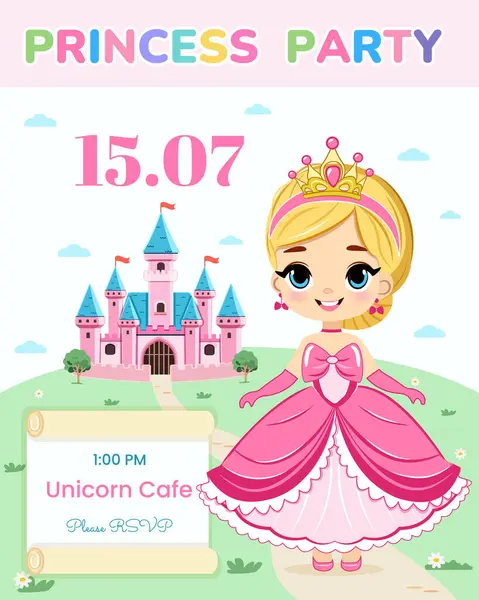 Doğum günü partisi için davetiye şablonu. Şirin prenses bir masal kalesinin önünde duruyor. Poster, Banner, Flyer, tebrik kartı. Çizgi film tarzında vektör illüstrasyonu.