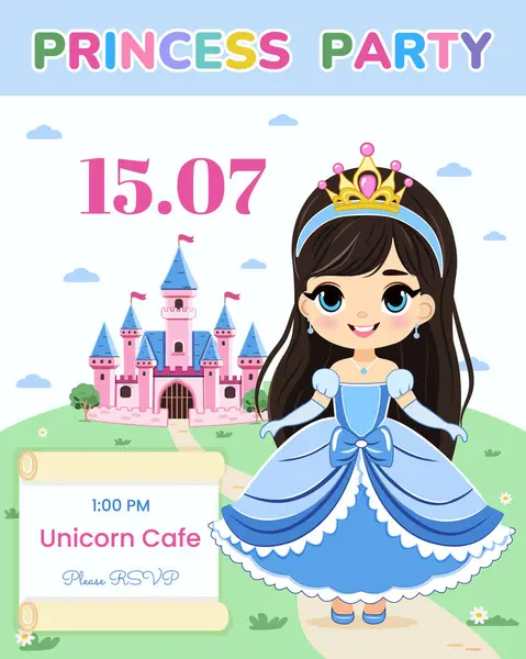 Doğum günü partisi için davetiye şablonu. Şirin prenses bir masal kalesinin önünde duruyor. Poster, Banner, Flyer, tebrik kartı. Çizgi film tarzında vektör illüstrasyonu.