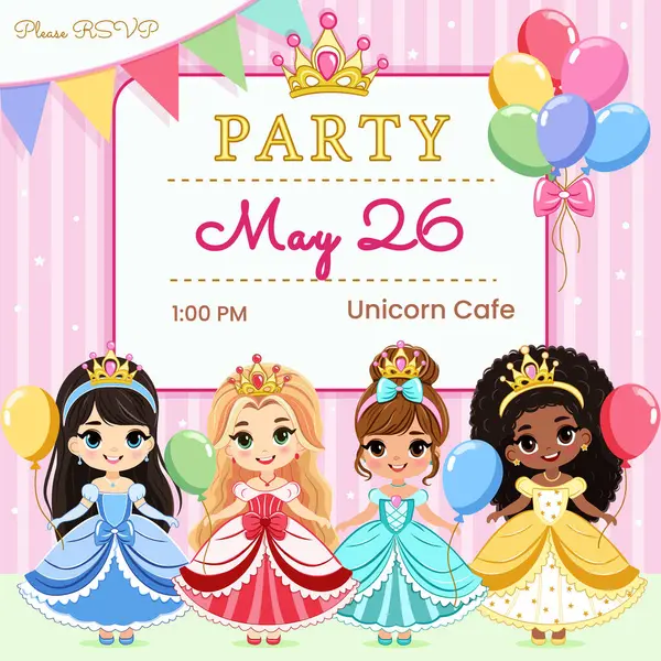 Farklı şirin prensesler ve renkli balonlarla doğum günü prenses partisi için davetiye. Şablon, Poster, Banner, Flyer, Tebrik Kartı. Çizgi film tarzında vektör illüstrasyonu.