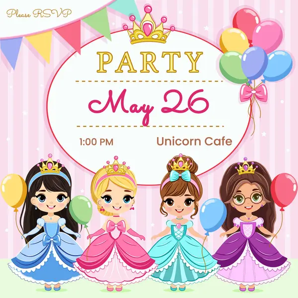 Farklı şirin prensesler ve renkli balonlarla doğum günü prenses partisi için davetiye. Şablon, Poster, Banner, Flyer, Tebrik Kartı. Çizgi film tarzında vektör illüstrasyonu.