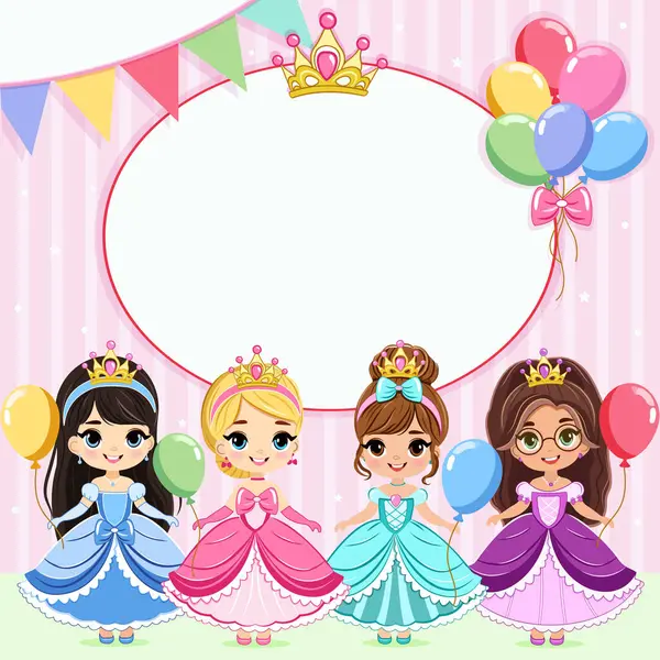 Farklı şirin prensesler ve renkli balonlarla doğum günü prenses partisi için davetiye. Şablon, Poster, Banner, Flyer, Tebrik Kartı. Çizgi film tarzında vektör illüstrasyonu.