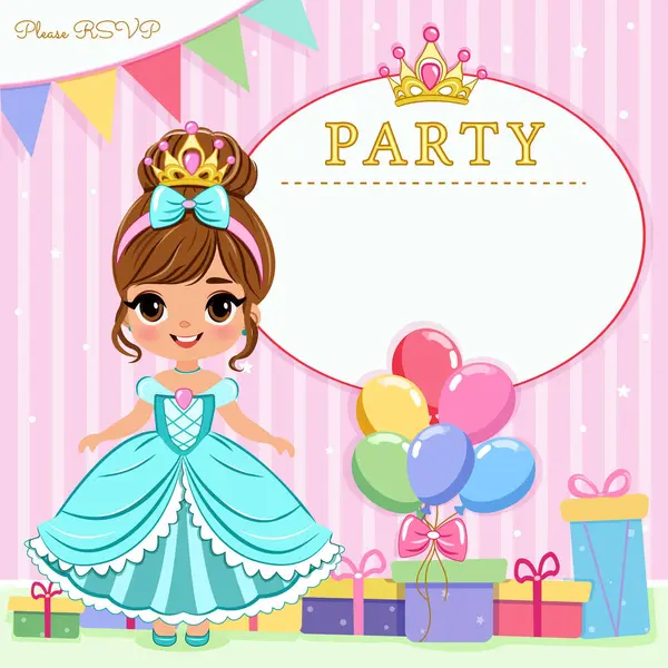 Tatlı prensesin, hediyelerin ve renkli balonların olduğu mutlu yıllar partisi için davetiye. Şablon, Poster, Banner, Flyer, Tebrik Kartı. Çizgi film tarzında vektör illüstrasyonu.