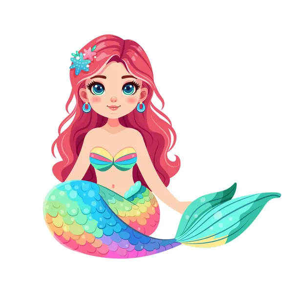 Beyaz arka planda güzel bir renkli kuyruğu olan tatlı bir denizkızı tasviri. Düz çizgi film tarzında Vektör İllüstrasyonu