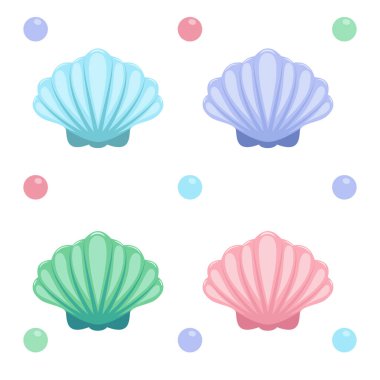 Beyaz arka planda izole edilmiş renkli incileri olan mavi deniz kabukları. Çizgi film tarzında vektör illüstrasyonu