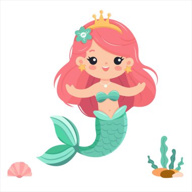 Kollarını açıp beyaz arka planda tacını takmış tatlı ve nazik bir denizkızı. Düz çizgi film tarzında Vektör İllüstrasyonu