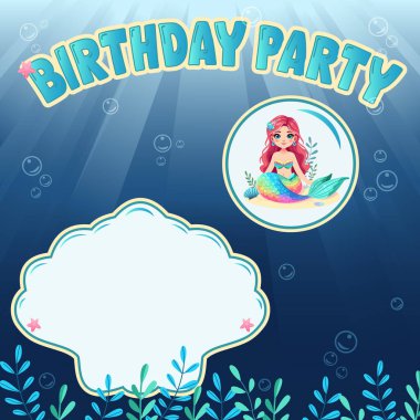 Deniz kızı, deniz kabuğu ve su altında inci olan renkli bir doğum günü partisi davetiyesi..