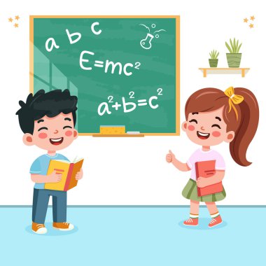 Sınıfta kara tahtanın önünde duran sevimli ve mutlu uluslararası öğrenciler. Poster, Banner, Flyer, Şablon, Tebrik Kartı. Çizgi film tarzında vektör illüstrasyonu