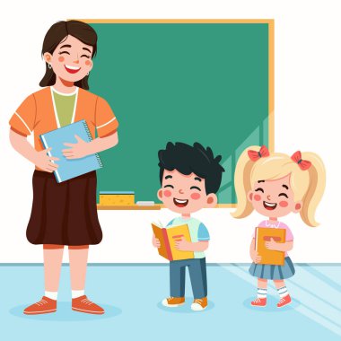 Sınıfta tahtada duran gülümseyen öğrenci ve öğretmen. Okul konseptine geri dönelim. Çizgi film tarzında vektör illüstrasyonu