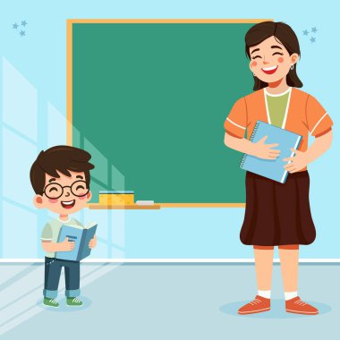 Sınıfta tahtada duran gülümseyen öğrenci ve öğretmen. Okul konseptine geri dönelim. Çizgi film tarzında vektör illüstrasyonu