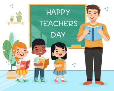 Sınıfta tahtada duran gülümseyen öğrenci ve öğretmen. Okul konseptine geri dönelim. Çizgi film tarzında vektör illüstrasyonu