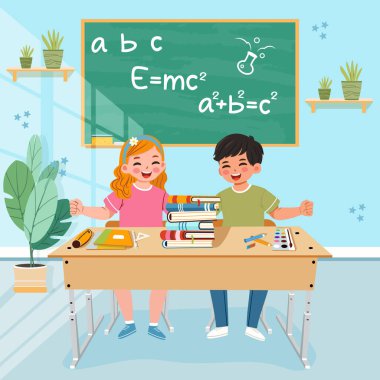 Sınıfta gülümseyen ve mutlu öğrenciler. Okul konseptine geri dönelim. Poster, Banner, Flyer, tebrik kartı. Çizgi film tarzında vektör illüstrasyonu