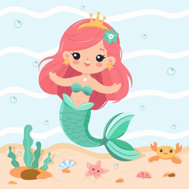 Kolları açık, tacı suyun altında olan tatlı ve nazik bir denizkızı. Düz çizgi film tarzında Vektör İllüstrasyonu