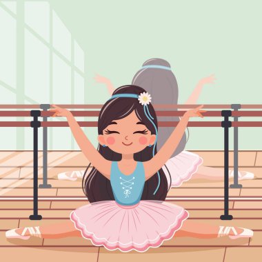 Pembe ve mavi elbiseli güzel ve nazik balerin kız beyaz arka planda ikiye ayrılıyor. Poster, Banner, Flyer, tebrik kartı. Çizgi film tarzında vektör illüstrasyonu