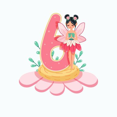 Şirin ve mütevazı peri güzel bir çiçeğin üzerinde duruyor. Beyaz arka planda 6 numara var. Flora ve Fauna. Doğum günü, Banner, Flyer, tebrik kartı. Çizgi film tarzında vektör illüstrasyonu