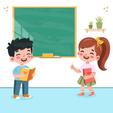 Sınıfta kara tahtanın önünde duran sevimli ve mutlu uluslararası öğrenciler. Poster, Banner, Flyer, Şablon, Tebrik Kartı. Çizgi film tarzında vektör illüstrasyonu