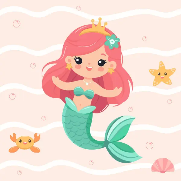 Kolları açık, tacı suyun altında olan tatlı ve nazik bir denizkızı. Düz çizgi film tarzında Vektör İllüstrasyonu