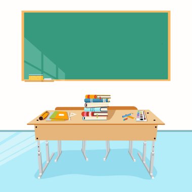Okul masasında okul yönetim kurulu arkasında. Okul konseptine geri dönelim. Çizgi film tarzında vektör illüstrasyonu