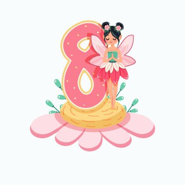 Şirin ve mütevazı peri beyaz arka planda 8 numara olan güzel bir çiçeğin üzerinde duruyor. Flora ve Fauna. Doğum günü, Banner, Flyer, tebrik kartı. Çizgi film tarzında vektör illüstrasyonu