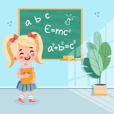 Sınıfta tahtanın önünde duran sevimli ve mutlu öğrenci kız. Okul konseptine geri dönelim. Çizgi film tarzında vektör illüstrasyonu