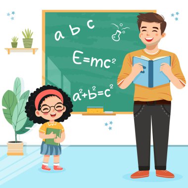 Okulda tahtada gülümseyen öğrenci ve öğretmen tahtası önünde duruyor. Dünya Öğretmenler Günü konsepti. Poster, Banner, Flyer, tebrik kartı. Çizgi film tarzında vektör illüstrasyonu