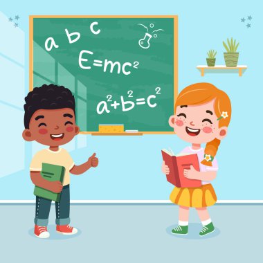 Sınıfta kara tahtanın önünde duran sevimli ve mutlu uluslararası öğrenciler. Poster, Banner, Flyer, Şablon, Tebrik Kartı. Çizgi film tarzında vektör illüstrasyonu