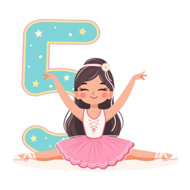 Pembe ve mavi elbiseli güzel balerin kız beyaz arka planda 5 numarayla ayrılıyor. 5 numaralı balerin. Çizgi film tarzında vektör illüstrasyonu