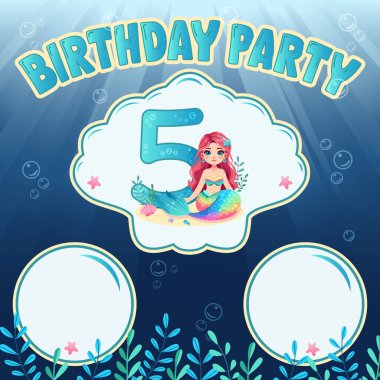 Deniz kızı, deniz kabuğu ve su altında inci olan renkli bir doğum günü partisi davetiyesi..