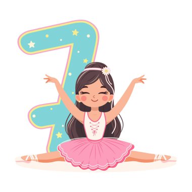 Pembe ve mavi elbiseli güzel balerin kız beyaz arka planda 7 numarayla ayrılıyor. 7 numaralı balerin. Çizgi film tarzında vektör illüstrasyonu