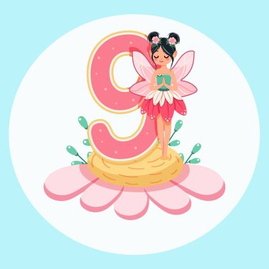 Şirin ve mütevazı peri beyaz arka planda 9 numara olan güzel bir çiçeğin üzerinde duruyor. Flora ve Fauna. Doğum günü, Banner, Flyer, tebrik kartı. Çizgi film tarzında vektör illüstrasyonu