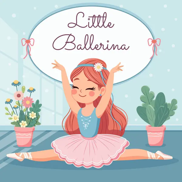 Pembe ve mavi elbiseli güzel ve nazik balerin kız çiçek saksılarıyla odada ikiye ayrılıyor. Poster, Banner, Flyer, tebrik kartı. Çizgi film tarzında vektör illüstrasyonu