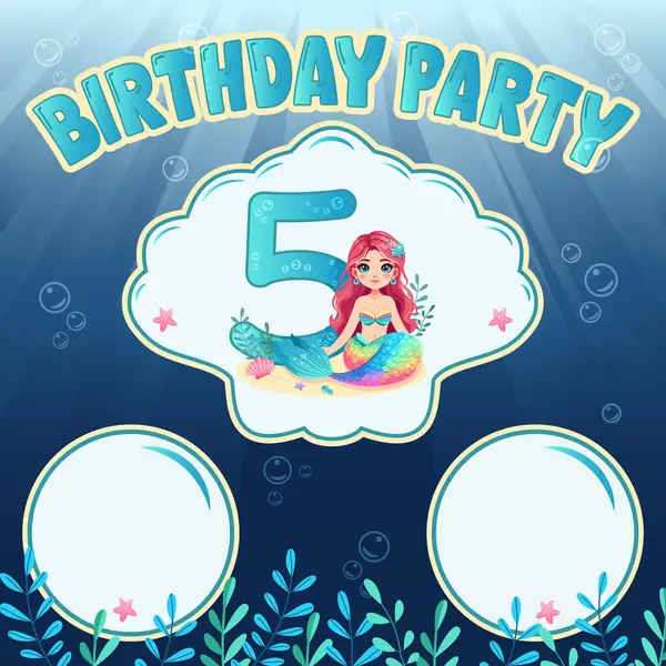 Deniz kızı, deniz kabuğu ve su altında inci olan renkli bir doğum günü partisi davetiyesi..