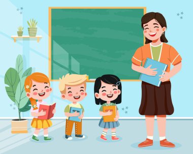 Sınıfta tahtada duran gülümseyen öğrenci ve öğretmen. Okul konseptine geri dönelim. Çizgi film tarzında vektör illüstrasyonu