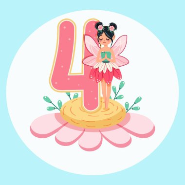 Sevimli ve mütevazı peri beyaz arka planda 4 numara olan güzel bir çiçeğin üzerinde duruyor. Flora ve Fauna. Doğum günü, Banner, Flyer, tebrik kartı. Çizgi film tarzında vektör illüstrasyonu