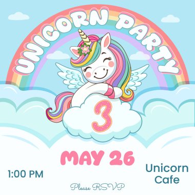 Doğum günü partisi davetiyesi. Güzel tek boynuzlu at ve üç numara. Siyah saçlı ve altın boynuzlu çizgi film karakteri bulutların arkasına saklanmıştı. Düz biçimli vektör illüstrasyonu