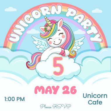 Güzel tek boynuzlu at ve 5 numaralı doğum günü partisi davetiyesi. Siyah saçlı ve altın boynuzlu çizgi film karakteri bulutların arkasına saklanmıştı. Düz biçimli vektör illüstrasyonu