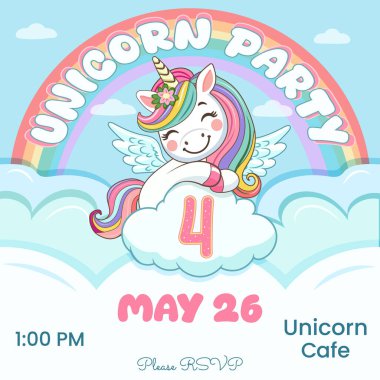 Güzel tek boynuzlu at ve 4 numaralı doğum günü partisi davetiyesi. Siyah saçlı ve altın boynuzlu çizgi film karakteri bulutların arkasına saklanmıştı. Düz biçimli vektör illüstrasyonu