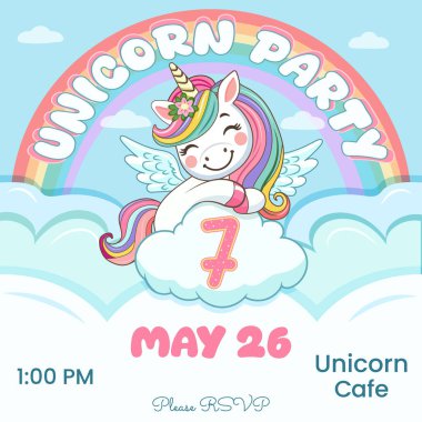 Güzel tek boynuzlu at ve 7 numaralı doğum günü partisi davetiyesi. Siyah saçlı ve altın boynuzlu çizgi film karakteri bulutların arkasına saklanmıştı. Düz biçimli vektör illüstrasyonu