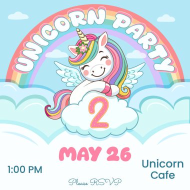 Güzel tek boynuzlu at ve iki numaralı doğum günü partisi davetiyesi. Siyah saçlı ve altın boynuzlu çizgi film karakteri bulutların arkasına saklanmıştı. Düz biçimli vektör illüstrasyonu