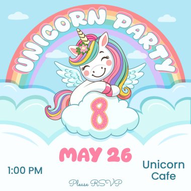 Güzel tek boynuzlu at ve 8 numaralı doğum günü partisi davetiyesi. Siyah saçlı ve altın boynuzlu çizgi film karakteri bulutların arkasına saklanmıştı. Düz biçimli vektör illüstrasyonu