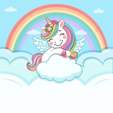 Güzel ve şirin tek boynuzlu at bulutlarda ve gökkuşağında oturuyor. Siyah saçlı ve altın boynuzlu çizgi film karakteri bulutların arkasına saklanmıştı. Düz biçimli vektör illüstrasyonu