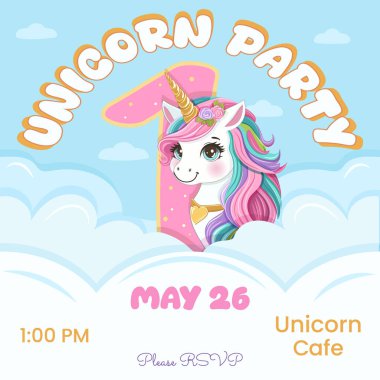 Güzel tek boynuzlu at ve bir numara ile doğum günü partisi davetiyesi. Siyah saçlı ve altın boynuzlu çizgi film karakteri bulutların arkasına saklanmıştı. Düz biçimli vektör illüstrasyonu