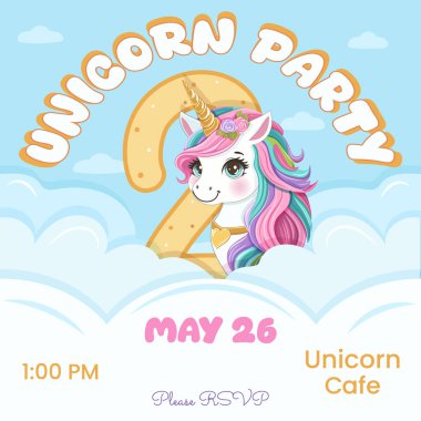 Güzel tek boynuzlu at ve iki numaralı doğum günü partisi davetiyesi. Siyah saçlı ve altın boynuzlu çizgi film karakteri bulutların arkasına saklanmıştı. Düz biçimli vektör illüstrasyonu