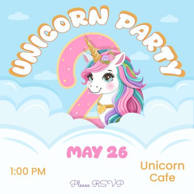 Güzel tek boynuzlu at ve iki numaralı doğum günü partisi davetiyesi. Siyah saçlı ve altın boynuzlu çizgi film karakteri bulutların arkasına saklanmıştı. Düz biçimli vektör illüstrasyonu