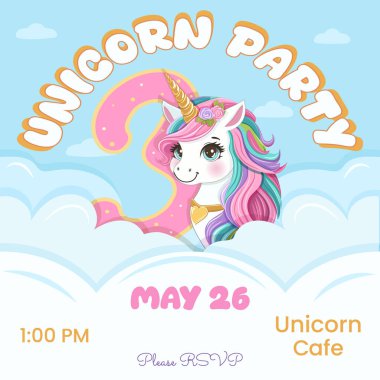 Doğum günü partisi davetiyesi. Güzel tek boynuzlu at ve üç numara. Siyah saçlı ve altın boynuzlu çizgi film karakteri bulutların arkasına saklanmıştı. Düz biçimli vektör illüstrasyonu