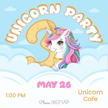 Doğum günü partisi davetiyesi. Güzel tek boynuzlu at ve üç numara. Siyah saçlı ve altın boynuzlu çizgi film karakteri bulutların arkasına saklanmıştı. Düz biçimli vektör illüstrasyonu